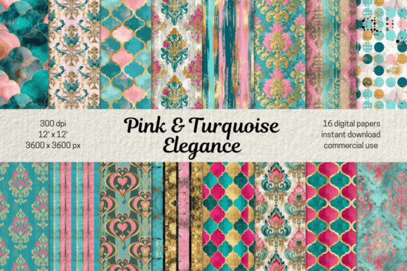 Pink Turquoise & Gold Elegant Background Graphic Patterns By MashMashStickers
