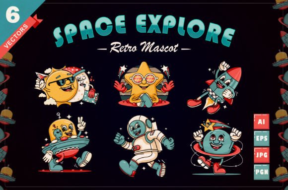 Space Explore Retro Mascot Grafika Ilustracje do Druku Przez Kevyn Creative
