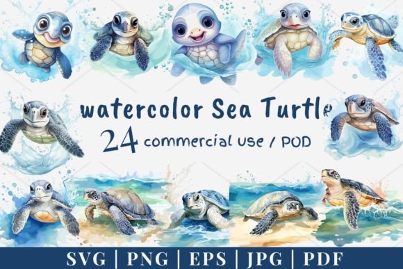 24 Watercolor Sea Turtle Vector, SVG 988 Gráfico Ilustrações para Impressão Por SWcreativeWhispers