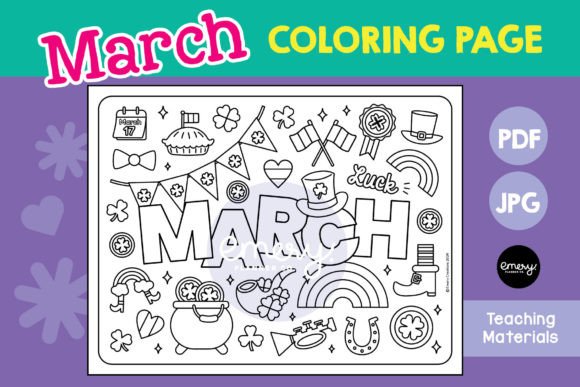 March Coloring Page Gráfico Desenhos e livros para colorir para crianças Por Emery Digital Studio