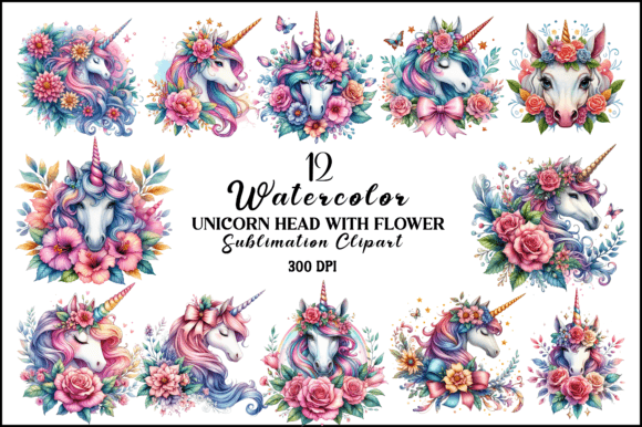 Watercolor Unicorn Head with Flower Graphic AI Illustrations By Naznin sultana jui
