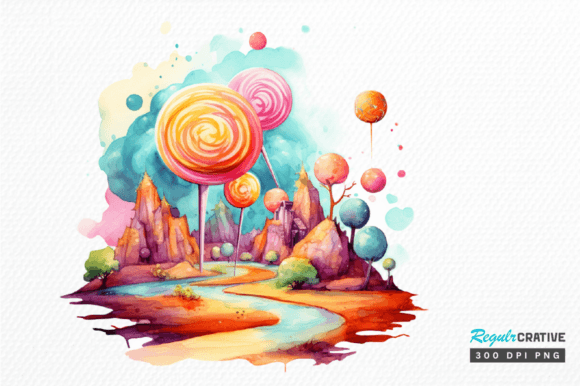 Watercolor Candy Planet Landscape Image Graphic Illustrations By Regulrcrative