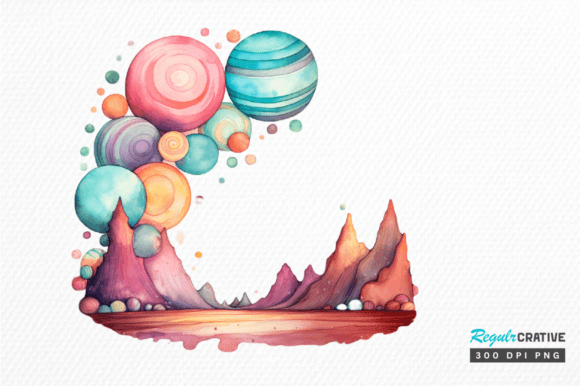 Watercolor Candy Planet Landscape Image Graphic Illustrations By Regulrcrative