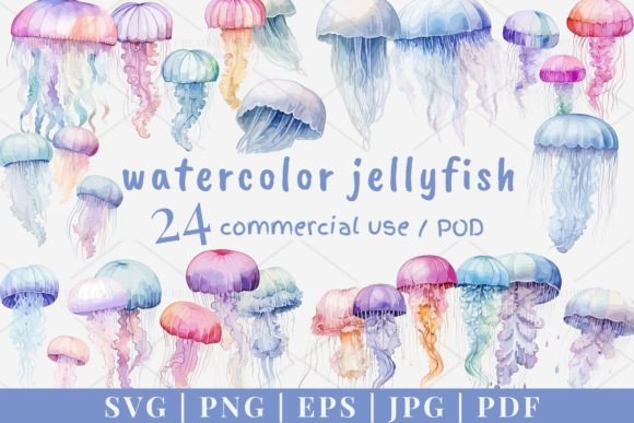 24 Watercolor Jellyfish Vector, SVG 990 Gráfico Ilustrações para Impressão Por SWcreativeWhispers