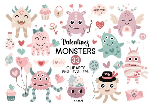 Cute Monster Valentines Clipart Graphic Illustrations By JulzaArt