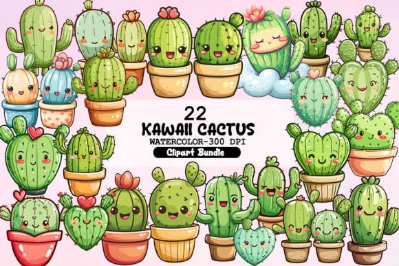 Kawaii Cactus Clipart Bundle Graphic Illustrations By Little Girl
