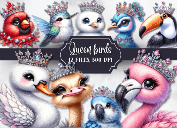 Queen Birds Clipart, Birds in Tiara Png Grafik Druckbare Illustrationen Von AnetArtStore