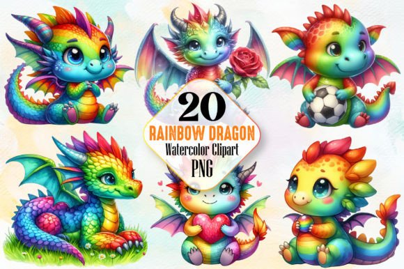 Watercolor Cute Rainbow Dragon Clipart Graphic Illustrations By RobertsArt