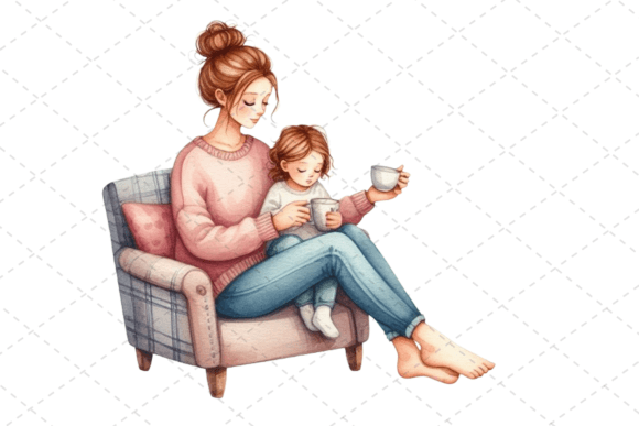 Watercolor Mother & Child Teatime Illustration Illustrations Imprimables Par Design Store