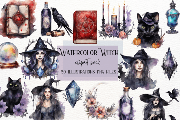 Watercolor Witch, Magic Potions, Book Graphic Illustrations By Aneta Design 