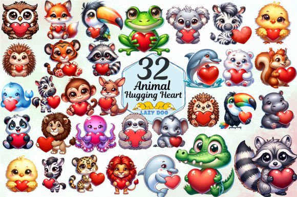 Animal Hugging Heart Sublimation Clipart Graphic Illustrations By KIDS ZONE