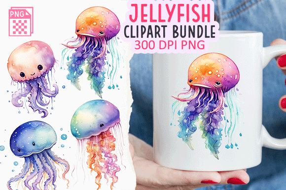 Jellyfish Clipart Bundle,watercolor PNG Graphic Illustrations By misba design