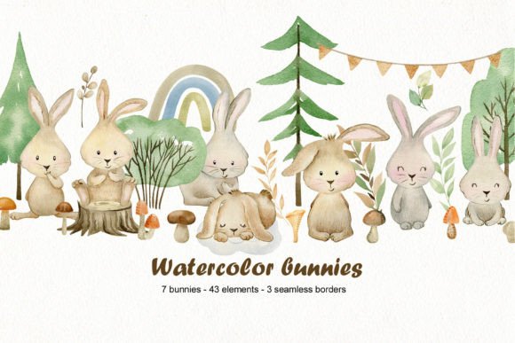 Watercolor Bunnies Clipart. Graphic Illustrations By tapilipa