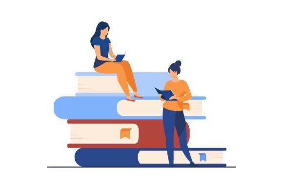 Book Readers Concept. People Sitting on Graphic Illustrations By pch.vector