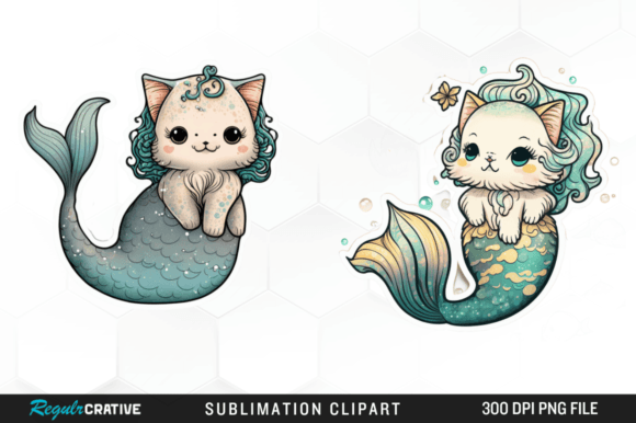 Cute Mermaid Cat Printable Sticker Png Grafica Illustrazioni Stampabili Di Regulrcrative