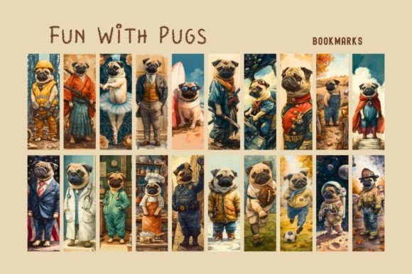 Fun with Pugs Bookmarks Graphic AI Illustrations By Lady P Graphics