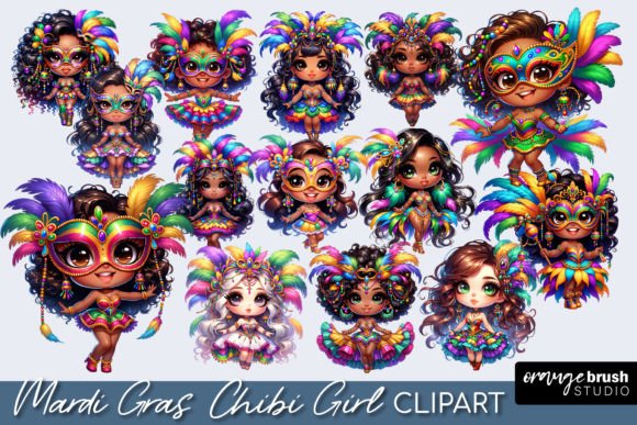 Mardi Gras Chibi Girls Clipart Bundle Graphic Illustrations By Orange Brush Studio