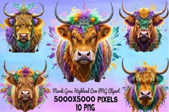 Mardi Gras Highland Cow PNG Clipart Graphic Illustrations By creative_Svg