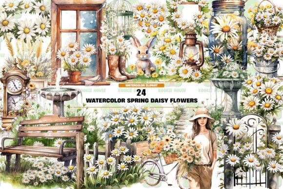 Watercolor Spring Daisy Flowers Clipart Graphic Illustrations By Kookie House