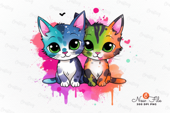 Colorful Cute Cat Couple Sublimation Gráfico Ilustraciones Imprimibles Por Crafticy
