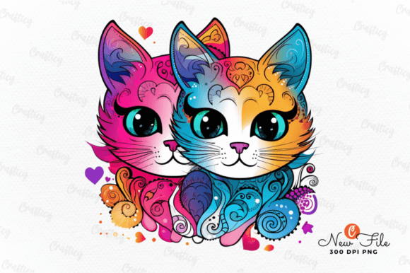 Colorful Cute Cat Couple Sublimation Gráfico Ilustraciones Imprimibles Por Crafticy