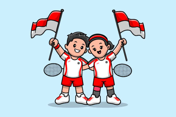 Cute Player Badminton Holding Flag Grafica Illustrazioni Stampabili Di catalyststuff