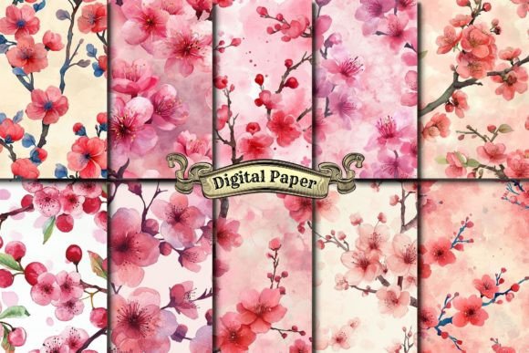 Cherry Blossom Flowers Digital Graphic Patterns By craftsmaker