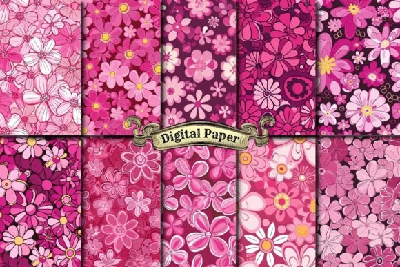 Groovy Pink Flowers Digital Paper Gráfico Patrones de Papel Por craftsmaker