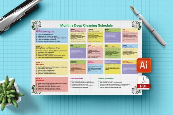 Monthly Deep Cleaning Schedule Planner Gráfico Interiores KDP Por KDP Interior Crafts