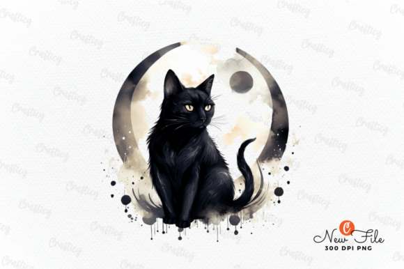 Black Cat and Moon Watercolor Clipart Gráfico Ilustraciones Imprimibles Por Crafticy