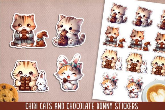 Chibi Cat and Chocolate Bunny Stickers. Gráfico Ilustraciones IA Por NadineStore