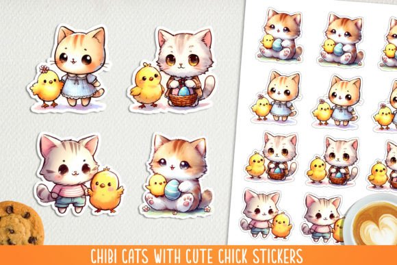 Chibi Cat with Cute Chick Stickers, PNG. Gráfico Ilustraciones IA Por NadineStore