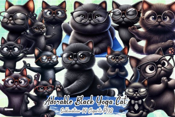 Adorable Black Yoga Cat Clipart PNG Graphic Illustrations By Padma.Design