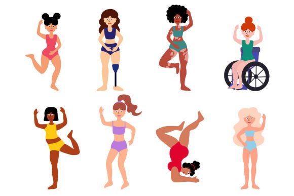 Body Positive Concept. 8 Different Women Graphic Illustrations By Darinov Art