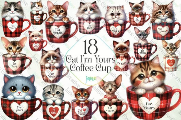 Cute Cat I'm Yours Coffee Cup Bundle Grafika Ilustracje do Druku Przez JaneCreative