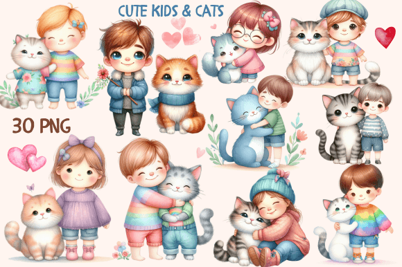 Cute Kids and Cats Watercolor Clipart Graphic Print Templates By Lelix Art