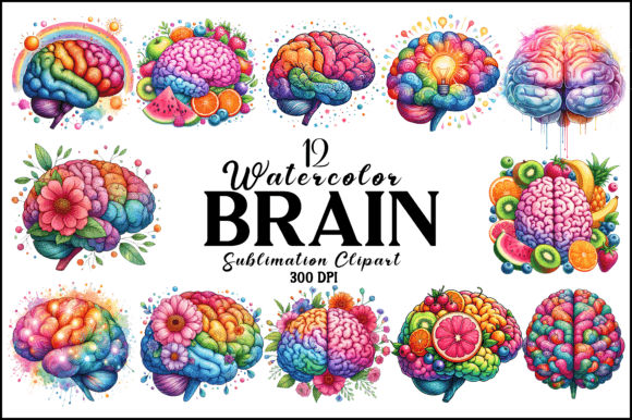 Watercolor Brain Sublimation Clipart Grafika Ilustracje AI Przez Naznin sultana jui