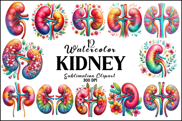Watercolor Kidney Sublimation Clipart Graphic AI Illustrations By Naznin sultana jui