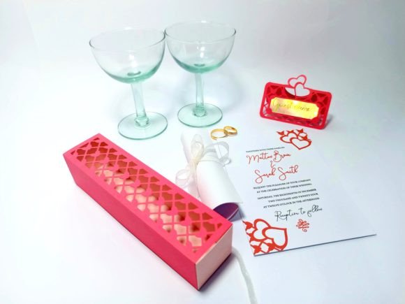 Heart Lace Wedding Invitation Box + Table Place Card Set Conjuntos Artesanato SVG 3D Por 3D SVG Crafts