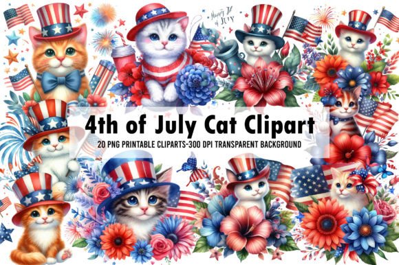 Watercolor 4th of July Cat Clipart Graphic Illustrations By Sublimation Artist
