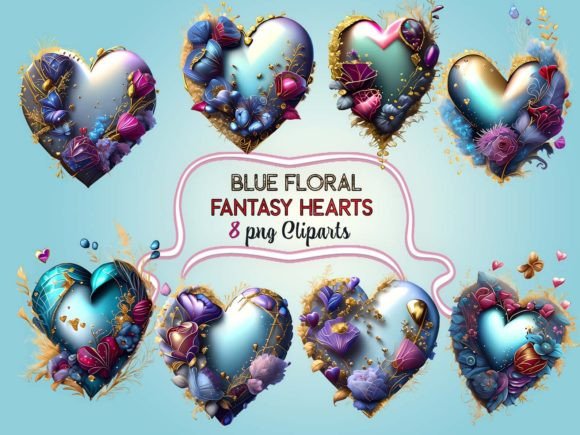 Blue Floral Fantasy Hearts Sublimation Gráfico Ilustraciones Imprimibles Por EdeniaArtStudio