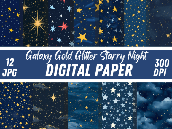 Galaxy Gold Glitter Starry Night Pattern Illustration Modèles de Papier Par Creative River