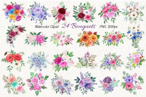 Set of Watercolor Flower Bouquets Graphic Illustrations By StepanovaArt