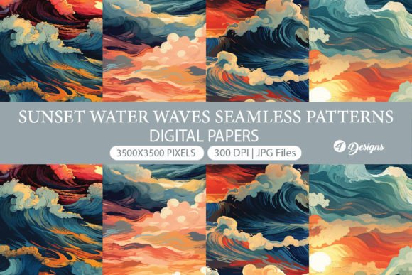 Sunset Waves Patterns, Digital Papers Graphic AI Patterns By Creationx Space