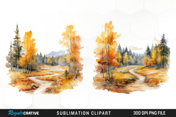 Watercolor Autumn Landscapes Clipart PNG Grafika Ilustracje do Druku Przez Regulrcrative