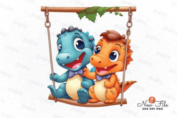 Baby T-Rex on a Swing, Dinosaur Clipart Gráfico Ilustraciones Imprimibles Por Crafticy