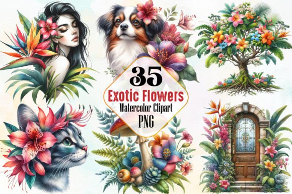Watercolor Cute Exotic Flowers Clipart Afbeelding Afdrukbare Illustraties Door RobertsArt