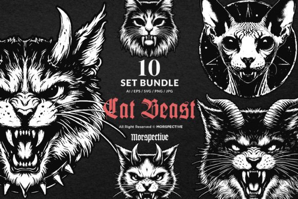 10 Bundle Dark Art Cats Beast Kitten Graphic Illustrations By morspective