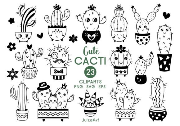 Black and White Cactus Clipart Graphic Illustrations By JulzaArt