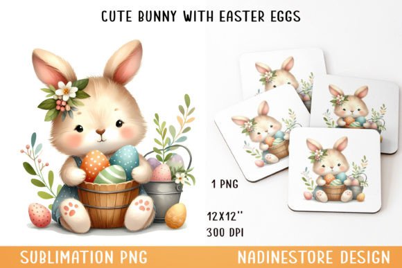 Cute Bunny with Easter Eggs Sublimation. Graphic AI Illustrations By NadineStore